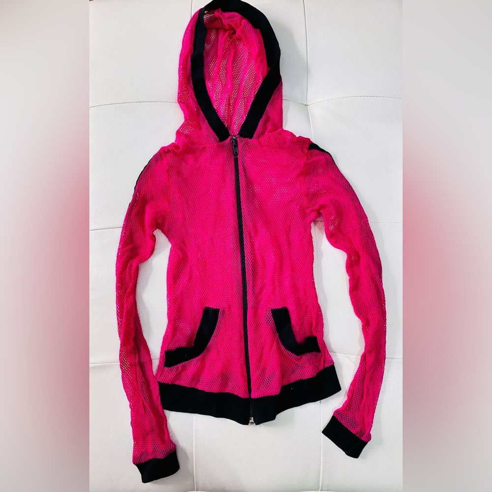 Fuchsia fishnet zip down hoodie; Size XS